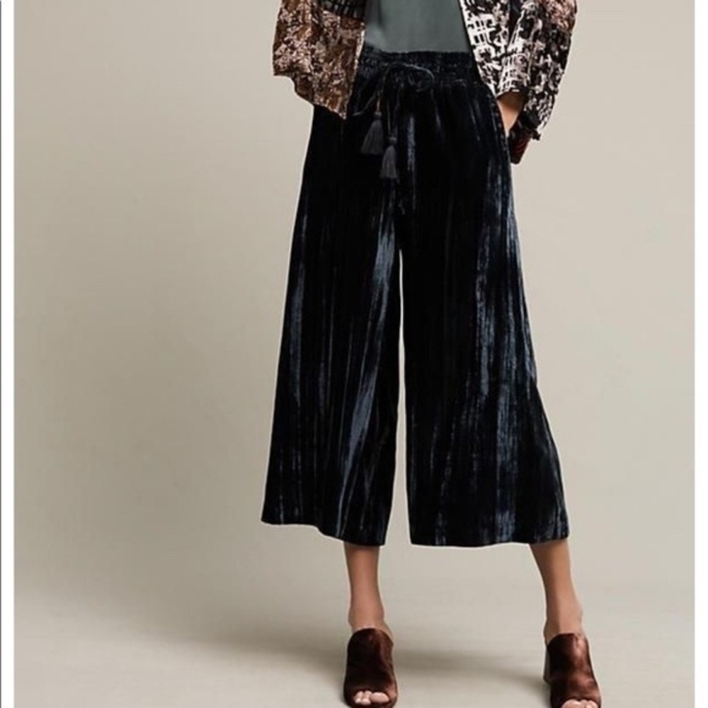 Anthropologie Hei Hei Teal Blue Crushed Velvet Wide Leg Tassel Pants SP